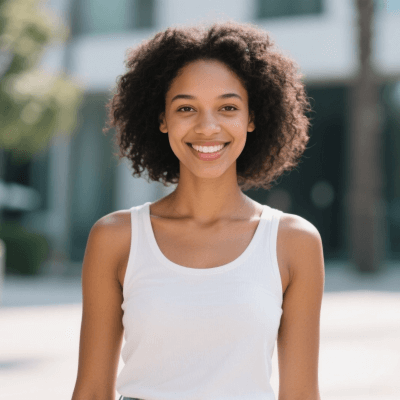A picture of a girl with curly hair in white vest