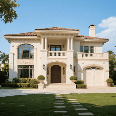 A picture of a white house with a green grassland