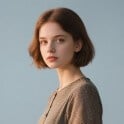 A short haired lady in a light brown dress thumbnail