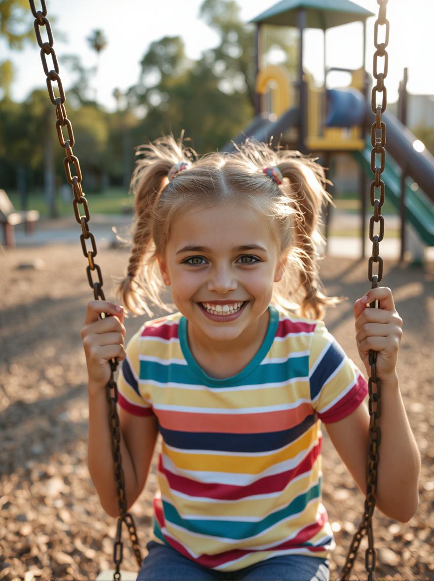A pigtail girl smiling wearing a colorful striped T shirt