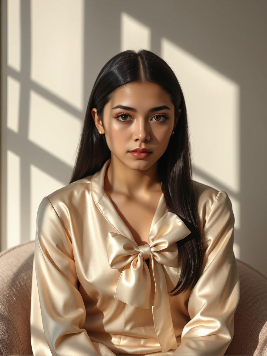 A woman with a powerful and direct gaze wearing an elegant silk blouse