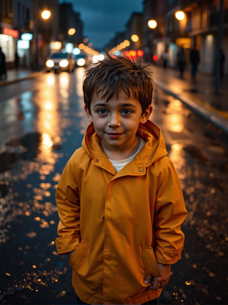 A young boy around 10 years old with a curious mischievous expression dressed in a bright yellow raincoat
