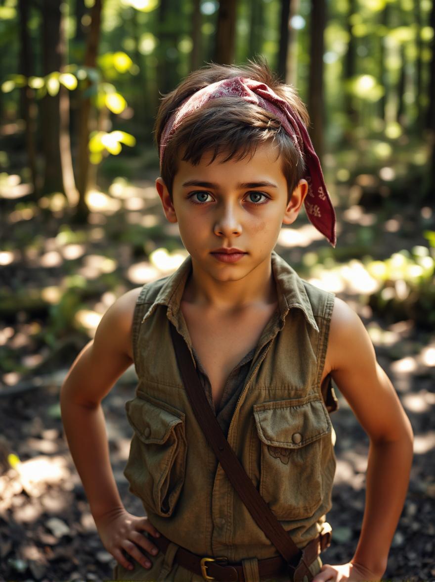 A young boy with a determined focused gaze wearing a worn out explorer vest