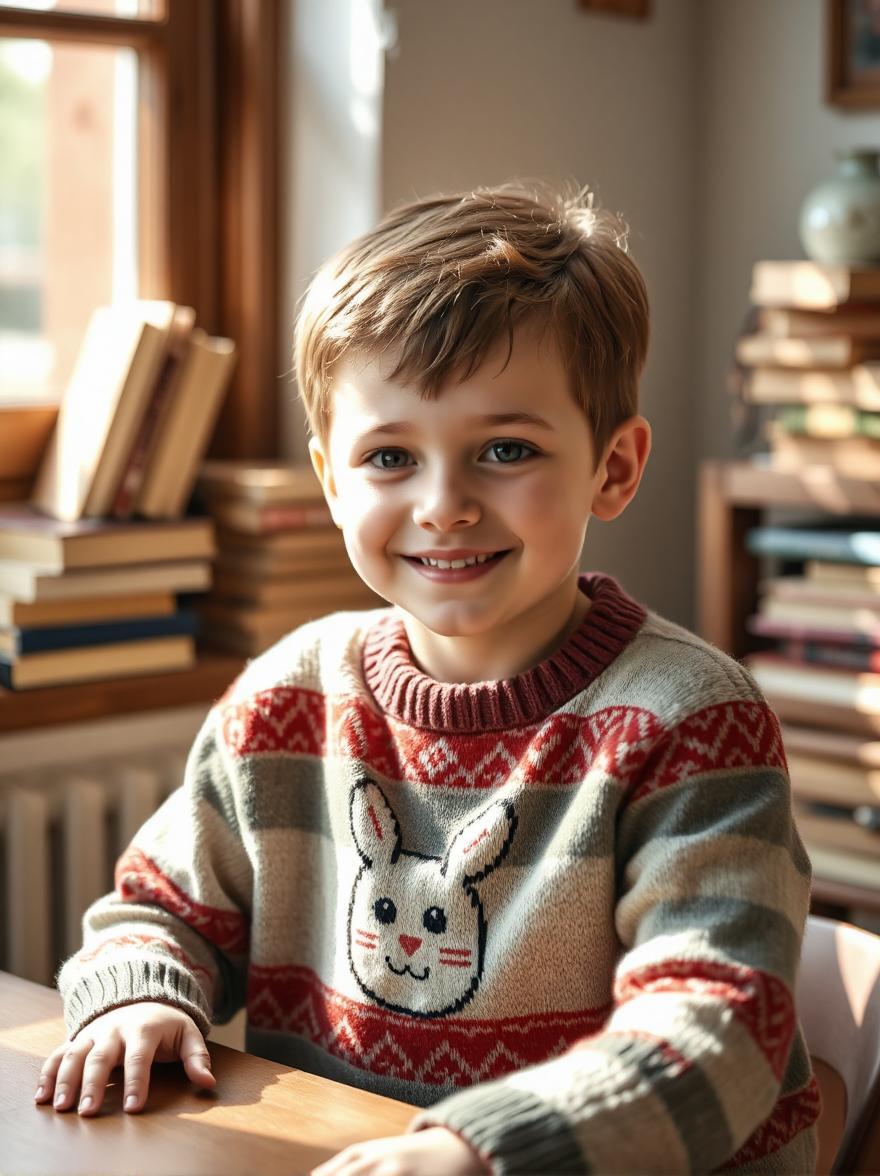 A young boy with a gentle shy smile wearing a knitted sweater with a cartoon pattern