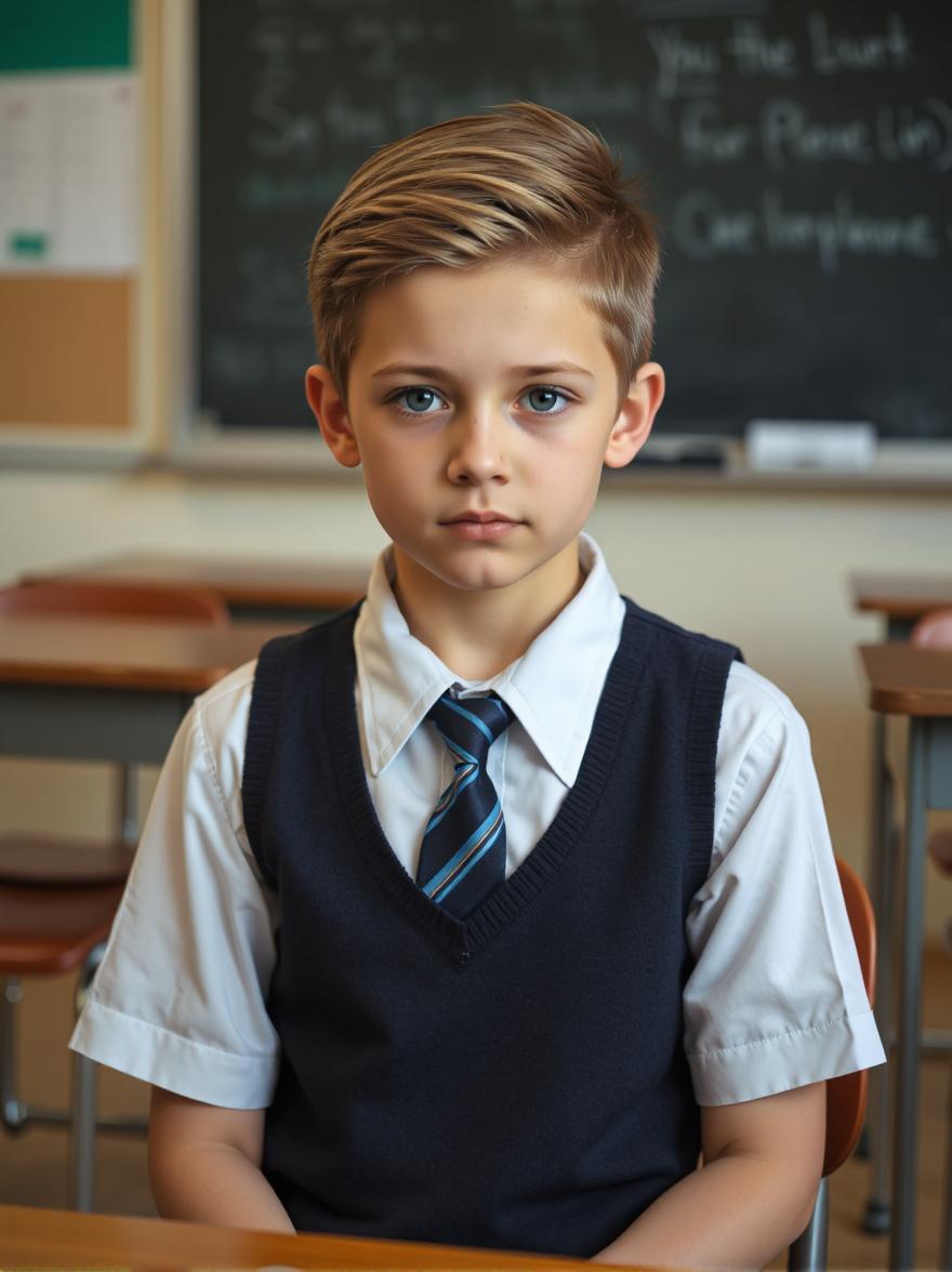 A young boy with a serious yet innocent expression wearing a crisp school uniform