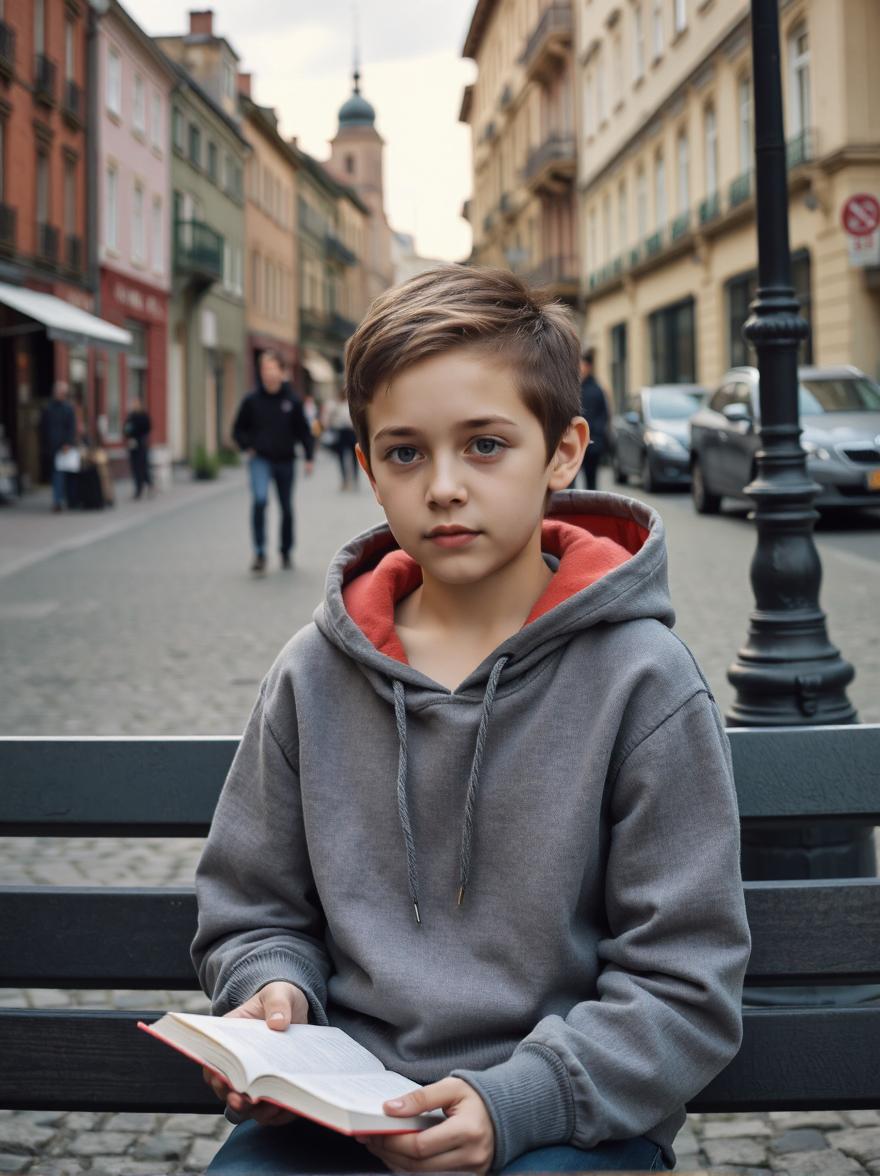A young girl with a calm contemplative expression wearing a hooded sweatshirt