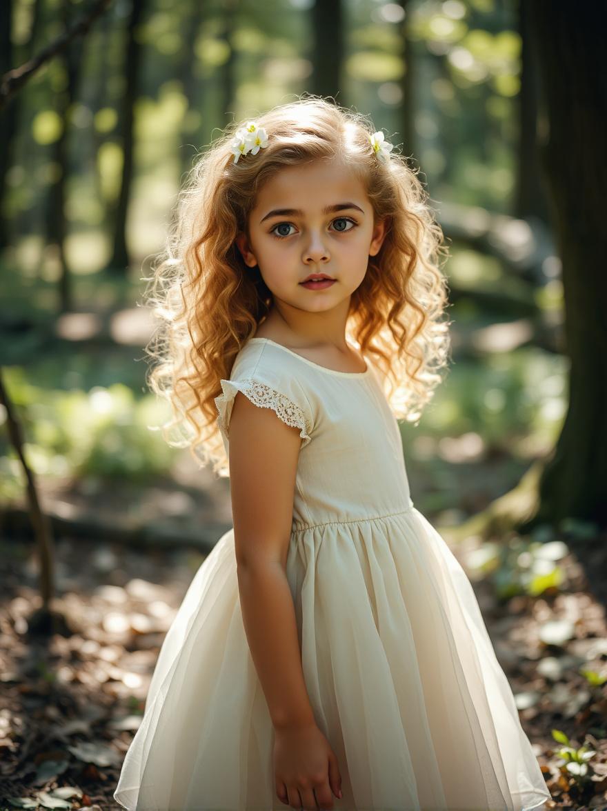 A young girl with an inquisitive and wide eyed look wearing a flowing white dress