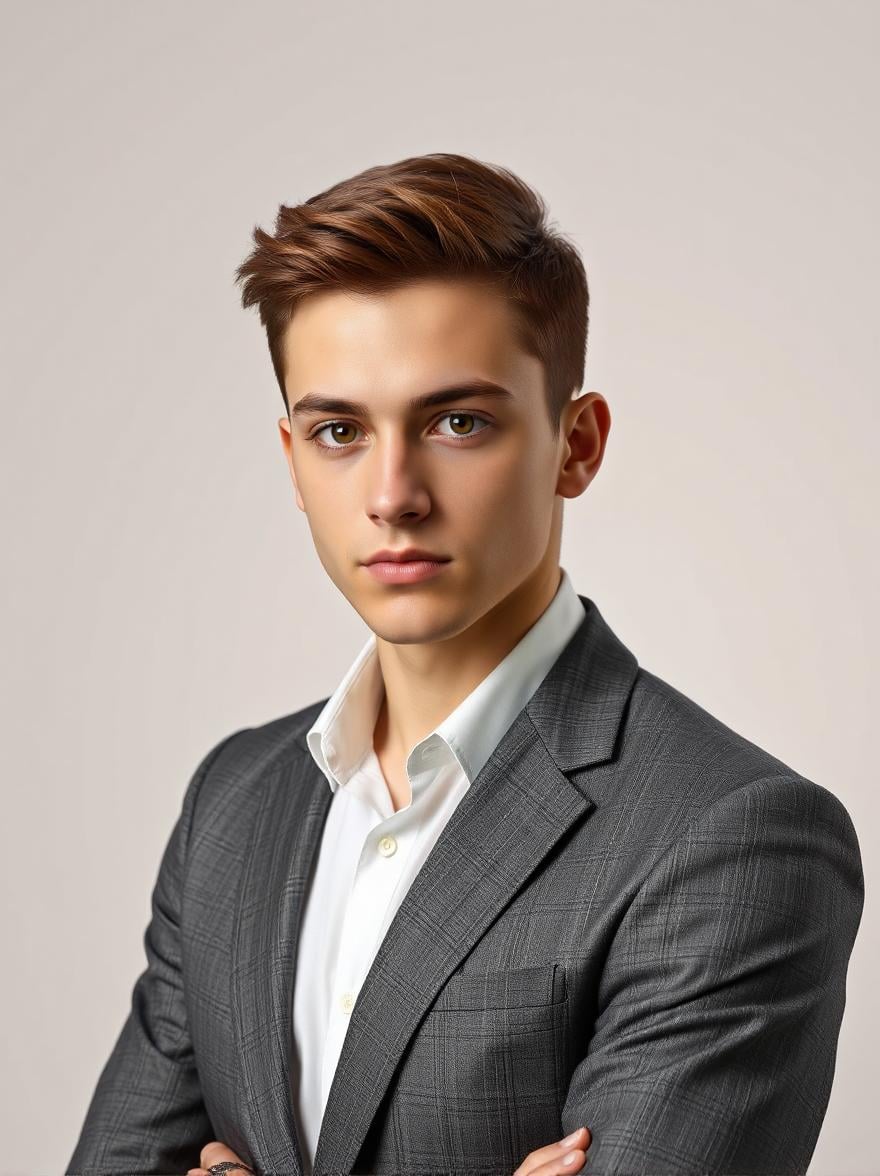A young man with a serious thoughtful expression wearing a sleek modern blazer
