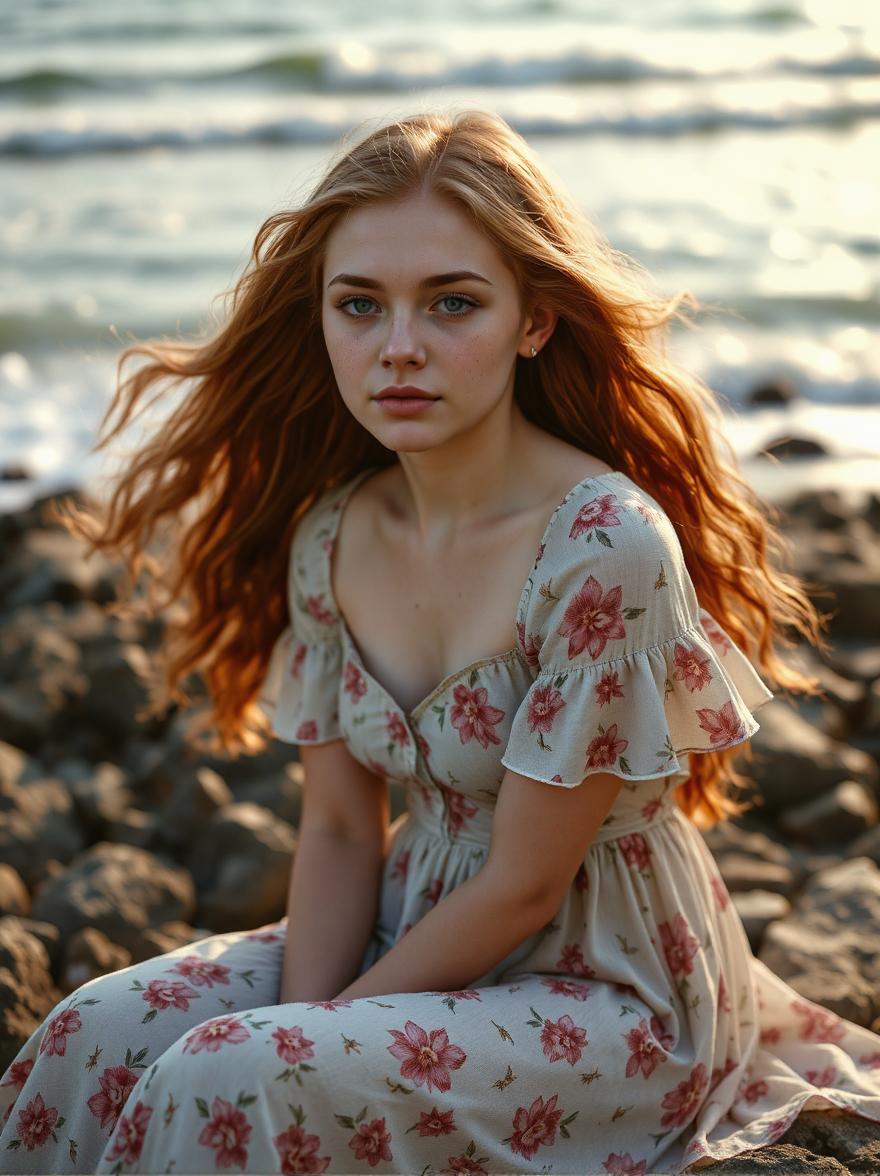 A young woman wearing a flowy floral dress