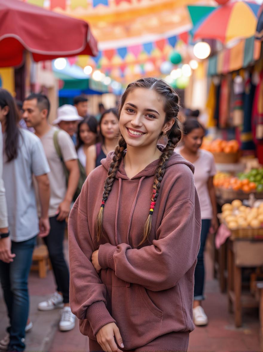 A young woman with a joyful natural smile dressed in a trendy oversized hoodie