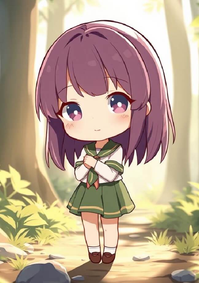 Ai create a chibi anime girl in the forest