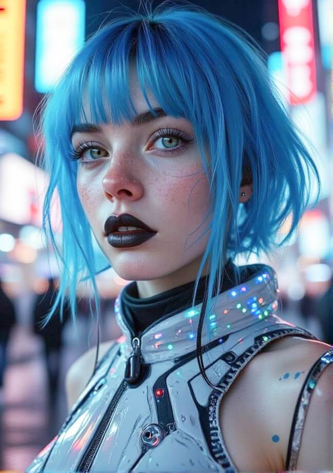 Ai create cyberpunk style female with blue hair