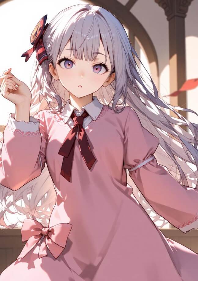 Ai create realistic anime girl with white long hair and pink dress