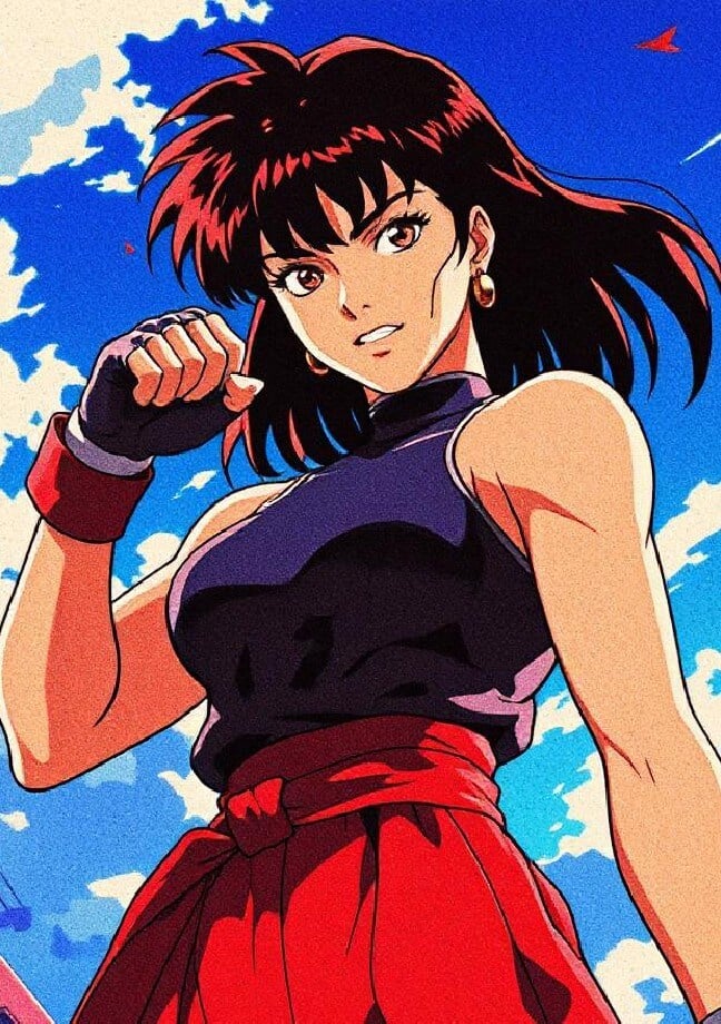 Facewow ai generate 90s anime girl with tight black shirt and red dress
