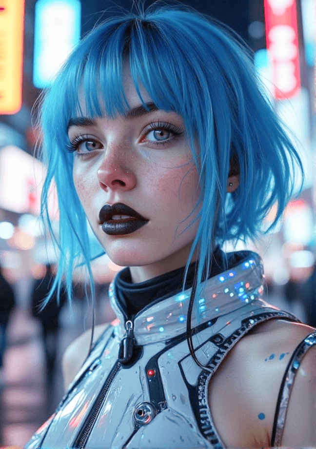 Facewow ai image generator to create a cyberpunk blue hair girl picture