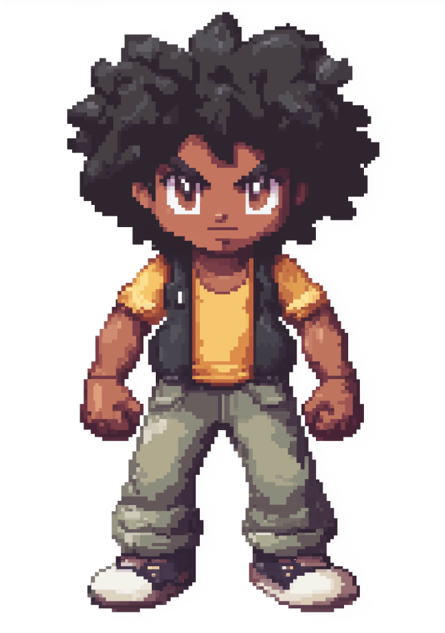 Generate pixel art black kid character
