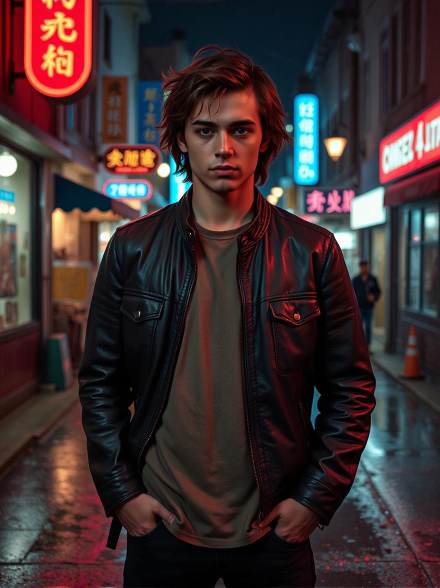 Realistic AI male portrait with a man in neon night city