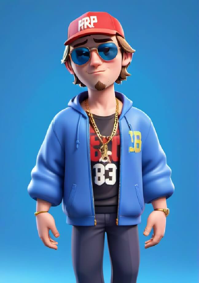 Use ai to create a man wears sunglass and blue jacket