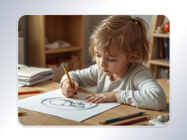 A little girl with short golden hair sits at her desk coloring a sketch