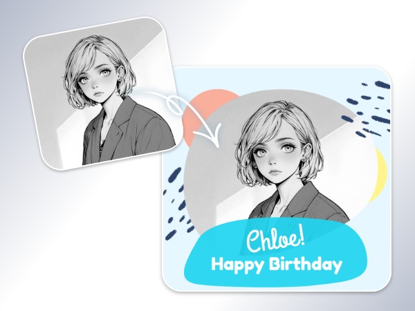 Add a sketch photo of a short hair girl to a blue happy birthday card
