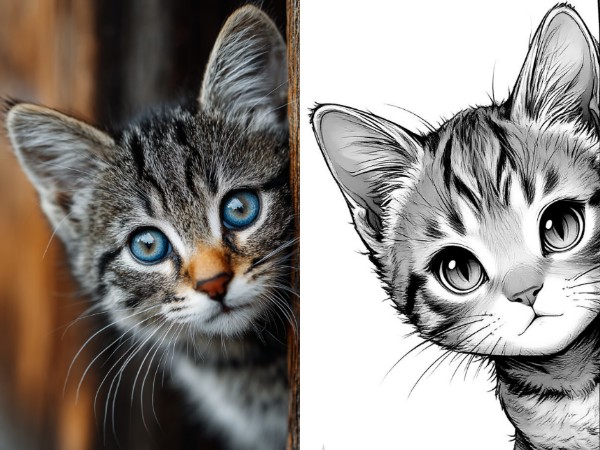 Before and after pictures of a blue eyed lihua cat peeking out from behind the tree with sketch filter