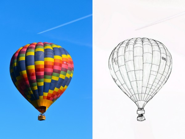 Before and after pictures of a colorful hot air balloon floating in the blue sky with sketch filter