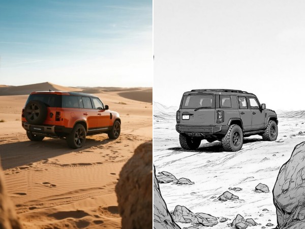 Before and after pictures of a red jeep driving in the desert with sketch filter