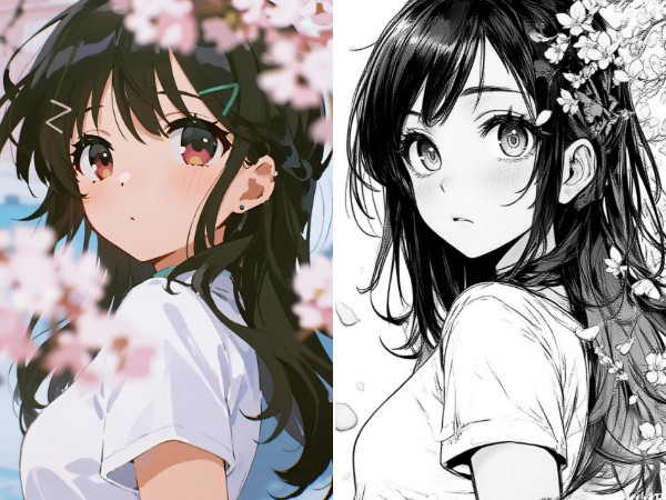 Before and after pictures of an anime school girl with sketch filter