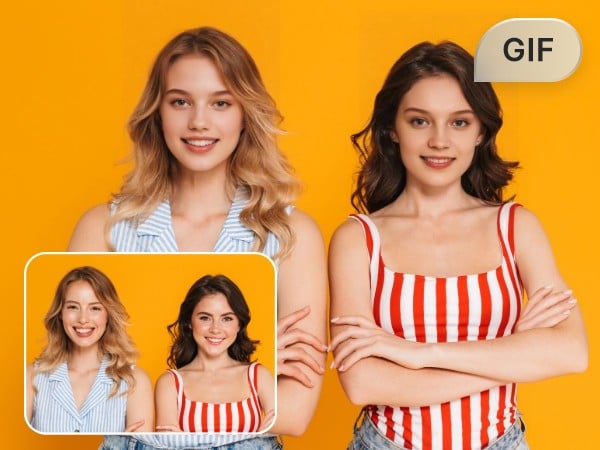 Create a face swap gif of a girl in a light blue striped sleeveless top and a girl in a red striped halter top
