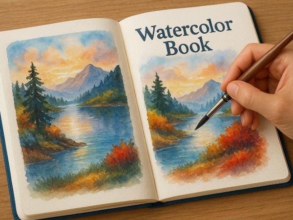 Create a watercolor book and draw a beautiful landscape