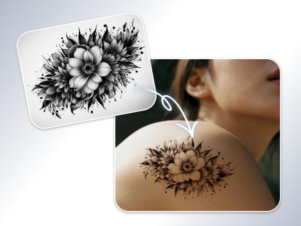 Design a floral sketch image and tattoo it on a girls shoulder