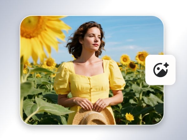 Step 1 upload a photo of a girl wearing a yellow dress standing in the sunflower filed