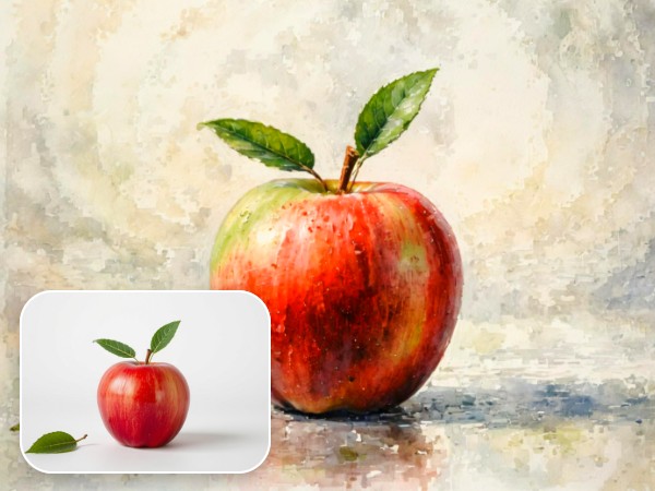 The before and after effect of applying a watercolor filter to a picture of an apple on a table