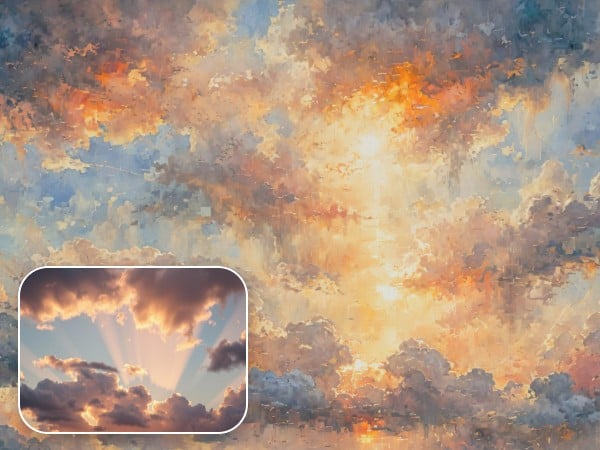 The before and after effects of applying a watercolor filter to a colorful sky photo