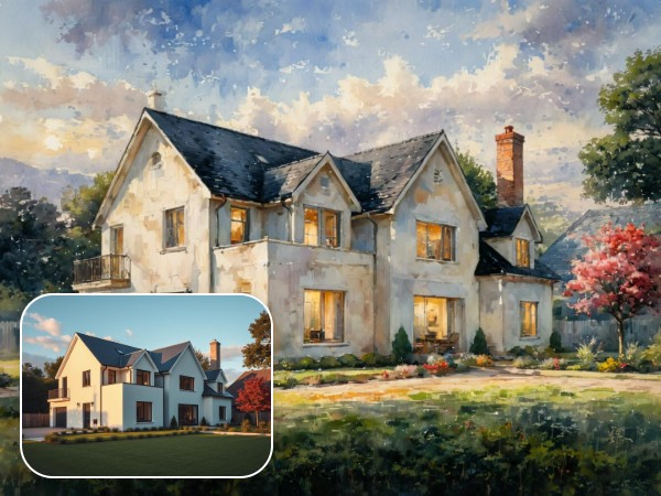 The before and after effects of applying a watercolor filter to a photo of a blue and white house