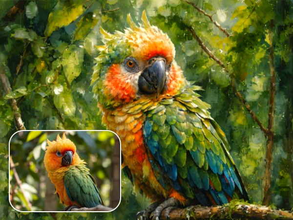 The before and after effects of applying a watercolor filter to a photo of a yellow green parrot standing on a tree branch