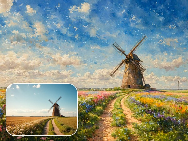 The before and after effects of applying a watercolor filter to a photo of windmills in a flower field