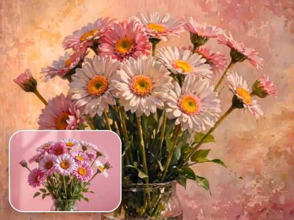 The before and after effects of applying the watercolor filter to a picture of a vase filled with pink and white daisies