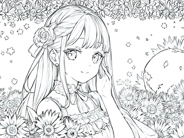 A showcase image of a girl in line art anime style