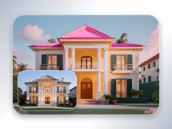 Apply the barbie filter to the picture of a white house