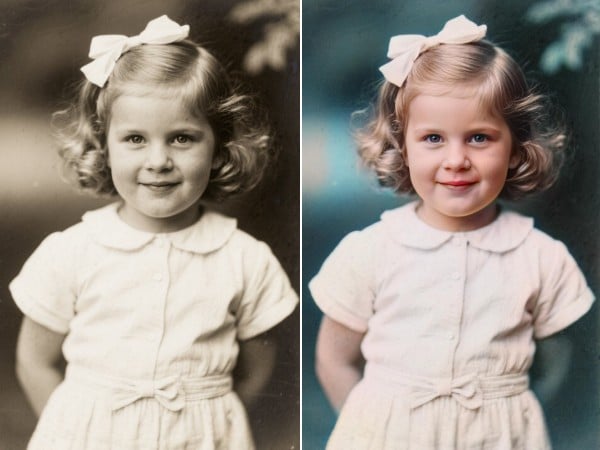 Childhood photo restoration effect featuring a little girl