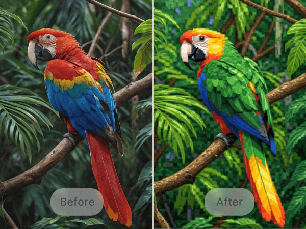Convert a colorful parrot photo into pixel art