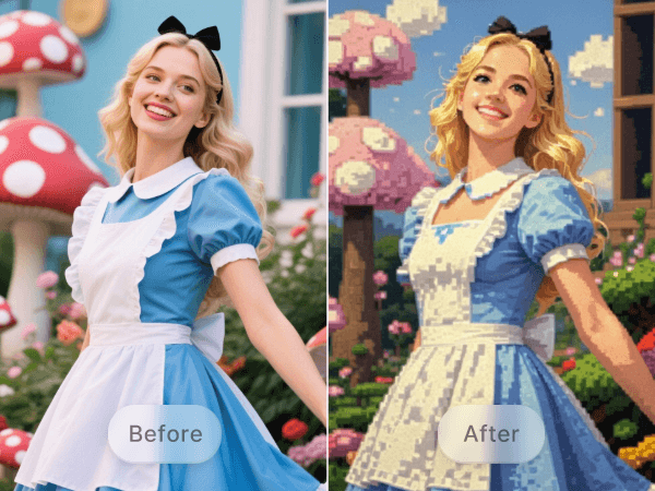 Convert a cute princess character image into pixel art