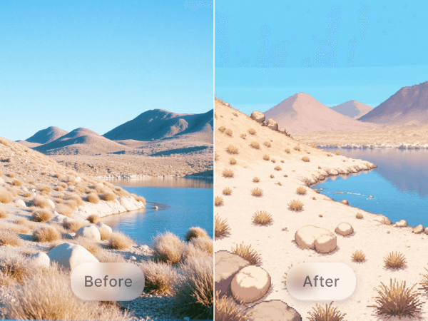 Convert a desert landscape photo into pixel style