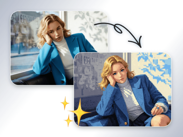 Convert a photo of a beautiful girl wearing a blue suit into pixel art in facewow