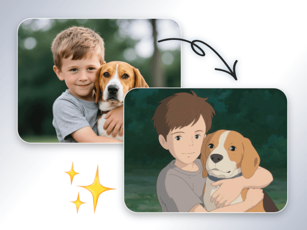 Convert a photo of a boy holding a puppy to ghibli style