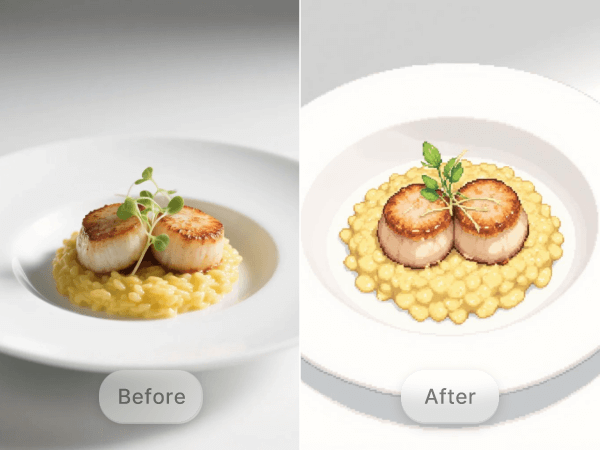 Convert a photo of a delicate gourmet dish into pixel art