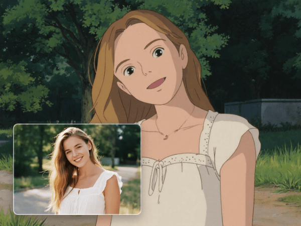 Convert a photo of a lady in a white dress to ghibli style
