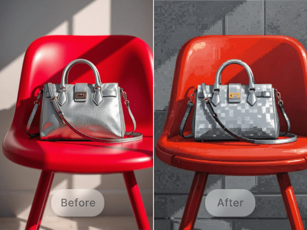 Convert a photo of a silver bag placed on a red chair into pixel art style