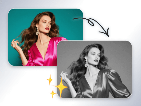 Convert a pic of a lady with pink a dress to black and white